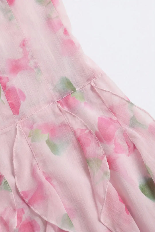 White and Pink Floral Maxi Prom Dress with Ruffles - Dresses