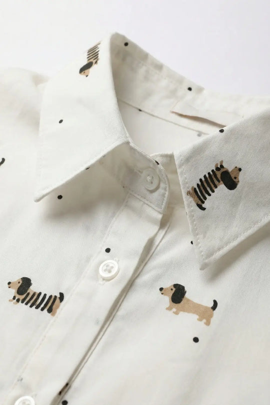 White Button-Up Shirt with Playful Dog Print - Shirts