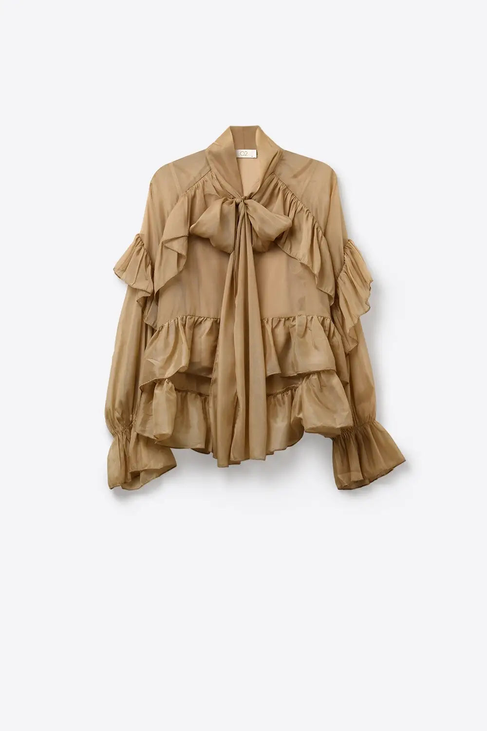 Camel Ruffled Sheer Blouse in chiffon fabric - Shirts
