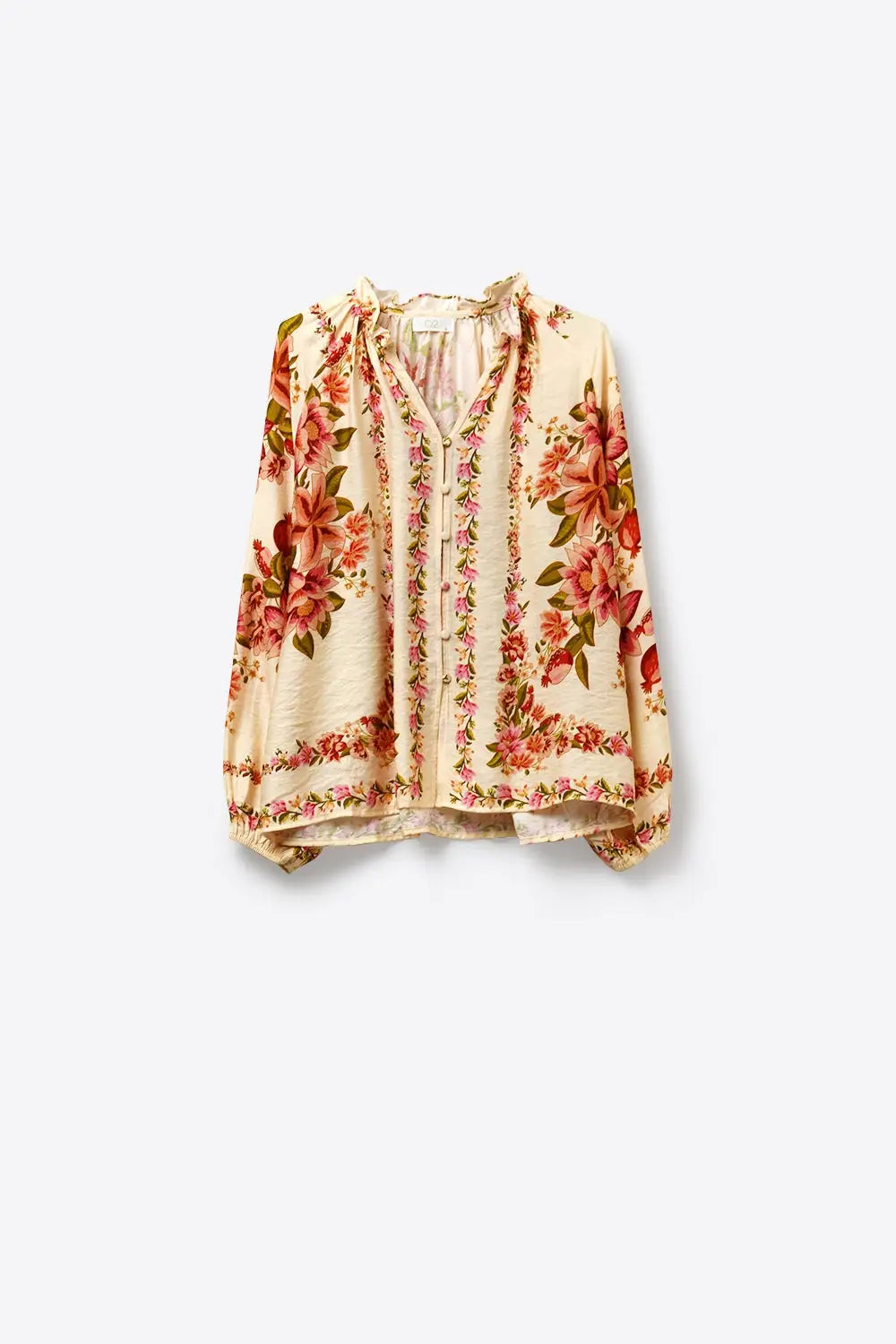 Cream Floral Print Boho Blouse with Drawstring Neck - Shirts
