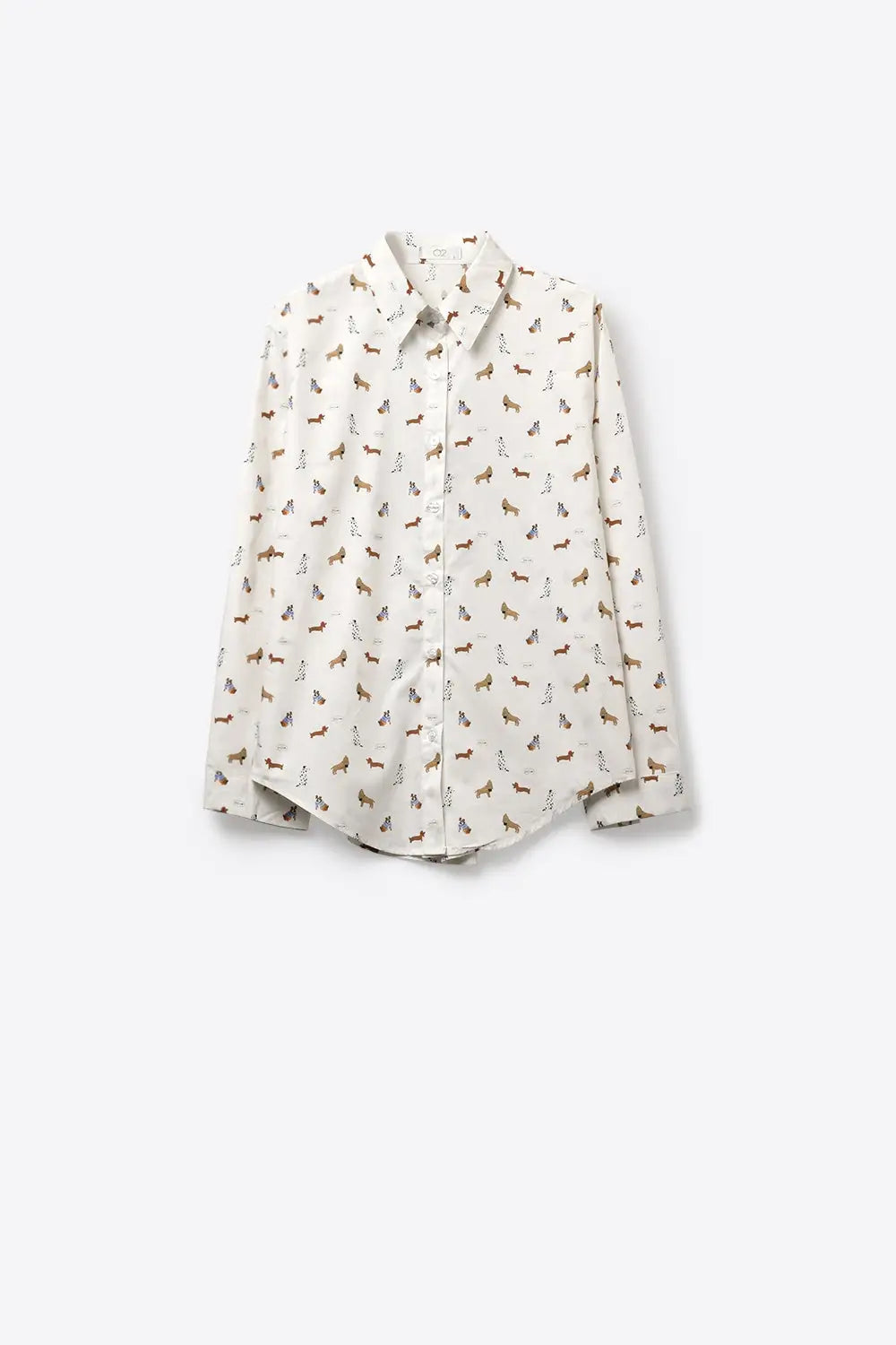 White Button-Up Shirt with Dog Print Pattern - Shirts