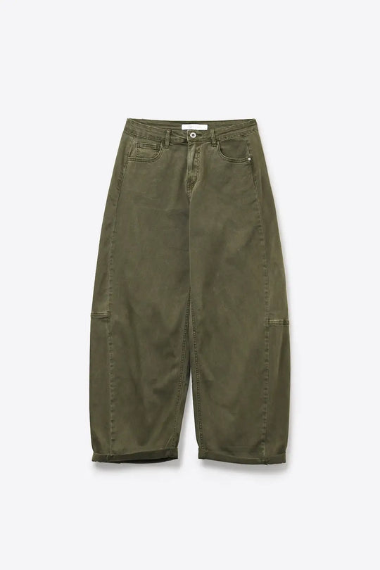 Olive Green Wide-Leg Pants in Barrel Style with side seam - Colored Jeans