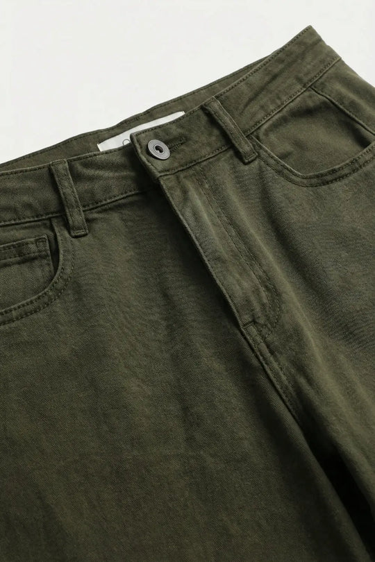 Olive Green Wide-Leg Pants in Barrel Style with side seam - Colored Jeans