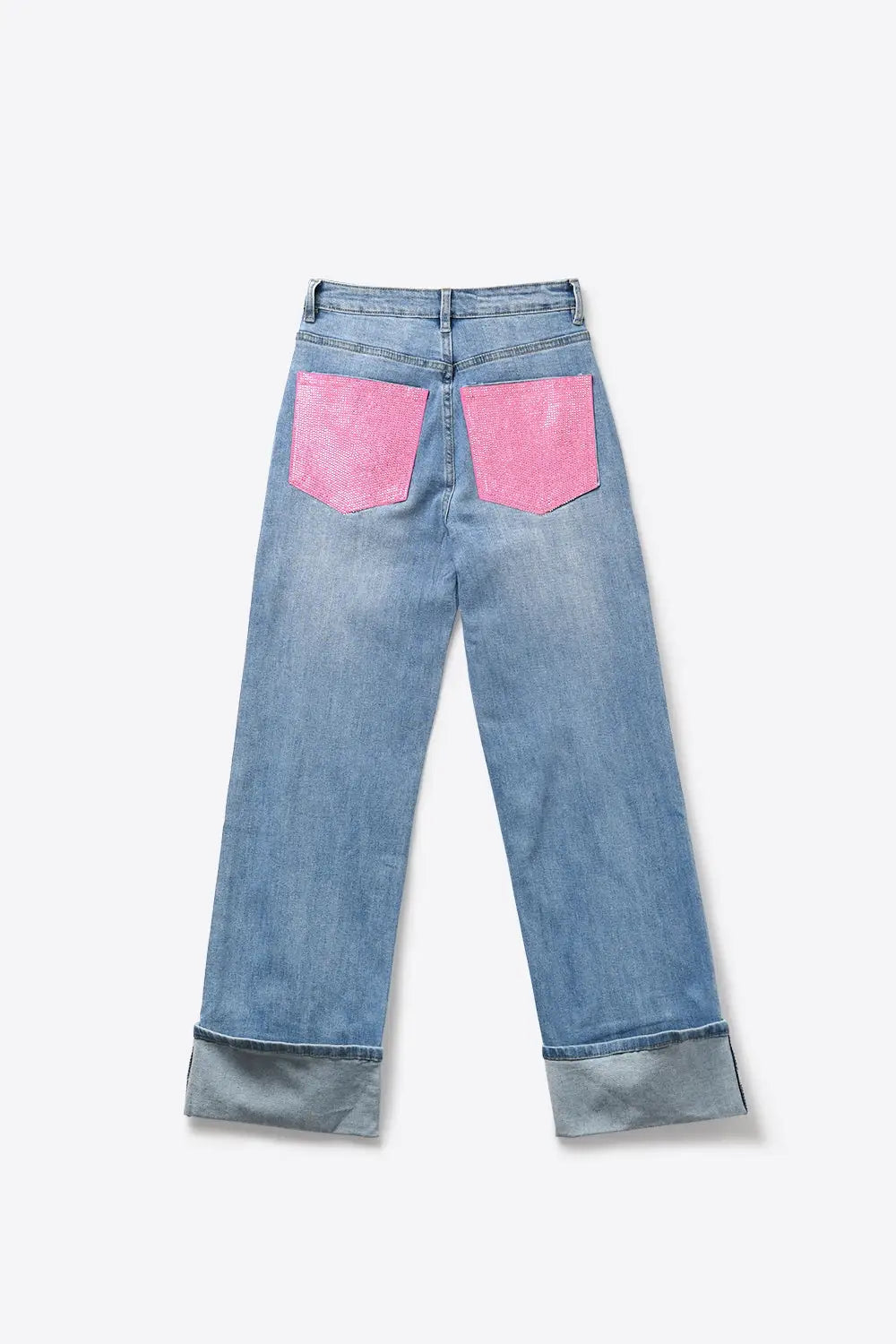 Light Blue Denim Jeans with Pink Back Pockets in strass