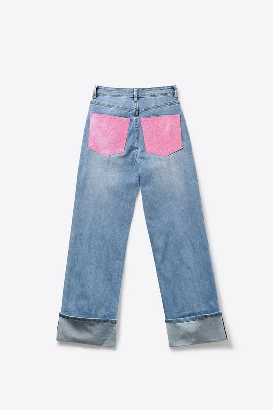 Light Blue Denim Jeans with Pink Back Pockets in strass