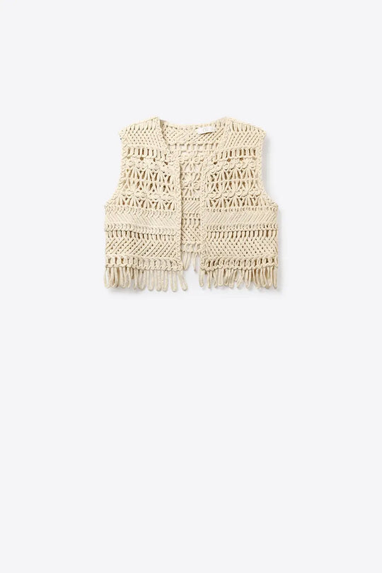 Cropped Fringe Open-Knit Vest - BEIGE / ONE - Tops