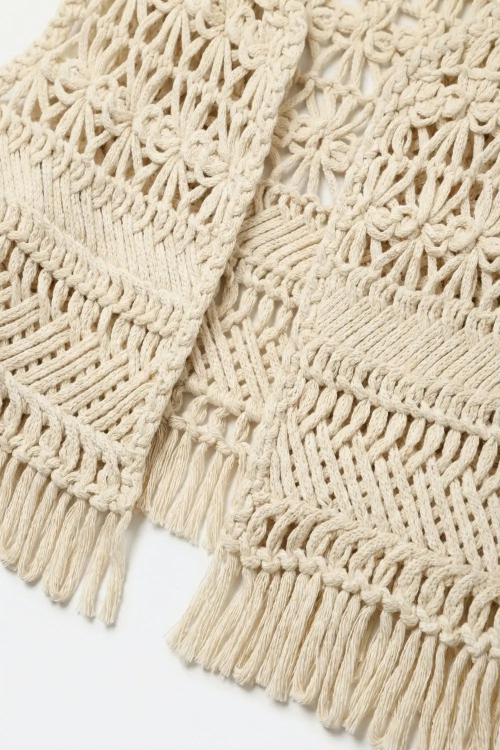 Cropped Fringe Open-Knit Vest - BEIGE / ONE - Tops
