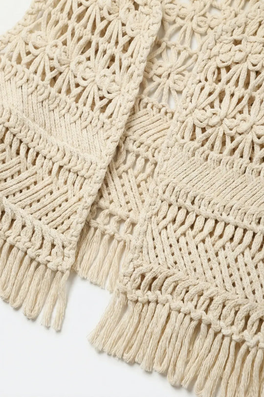Cropped Fringe Open-Knit Vest - BEIGE / ONE - Tops