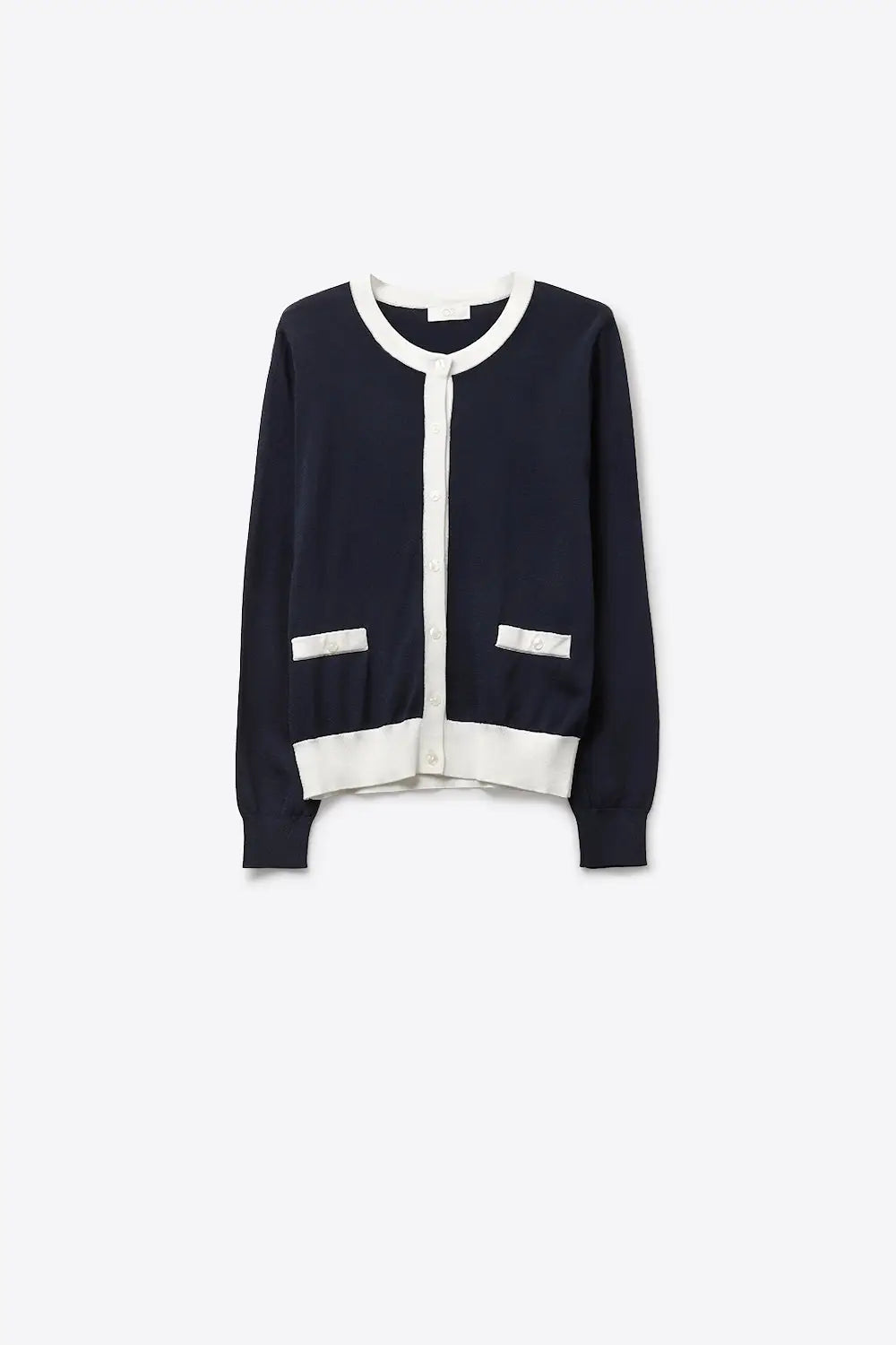 Navy Button-Up Cardigan with White Trim Accents - NAVY / ONE - Cardigans