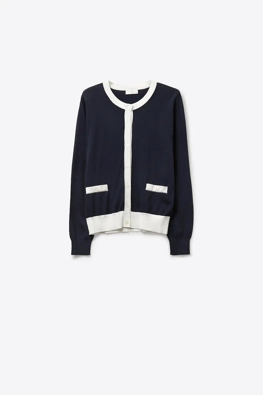 Navy Button-Up Cardigan with White Trim Accents - NAVY / ONE - Cardigans