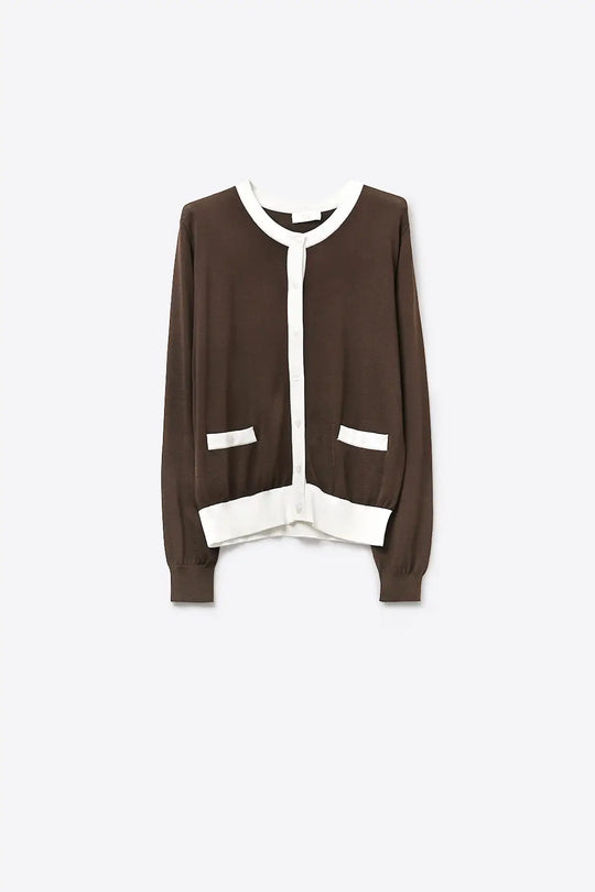 Brown Contrast Trim Button-Up Long Sleeve Cardigan - BROWN / ONE - Cardigans