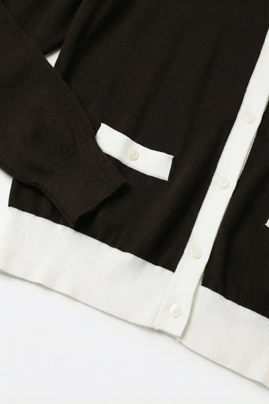 Brown Contrast Trim Button-Up Long Sleeve Cardigan - BROWN / ONE - Cardigans