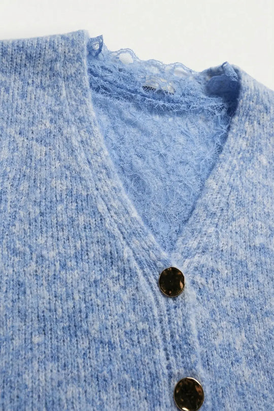 Blue Sleeveless Cardigan with Lace Insert and Silver Buttons - BLUE / ONE - Cardigans
