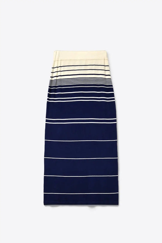 Navy Striped Knit Midi Skirt with Cream Waistband - Skirts