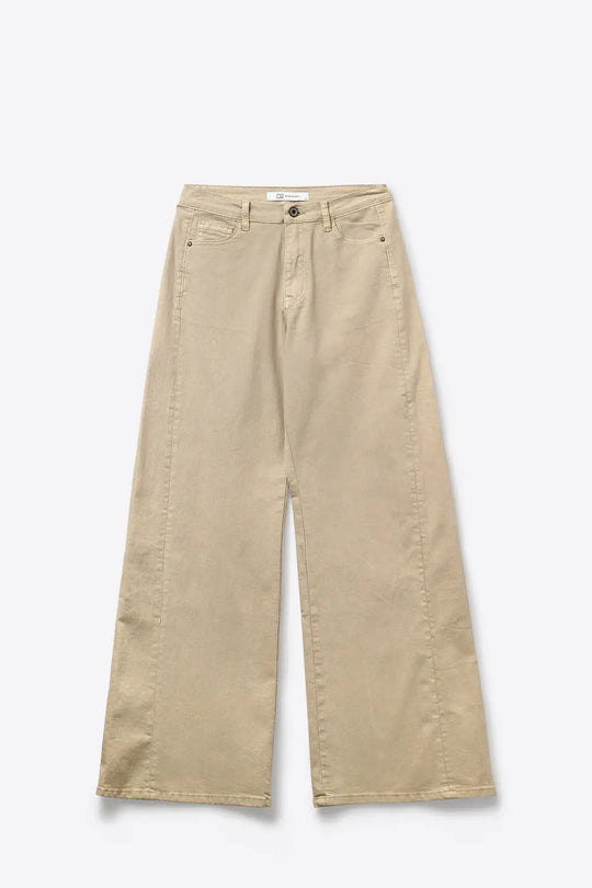 Beige Wide-Leg Casual Cotton Pants with 5 pockets - Pants