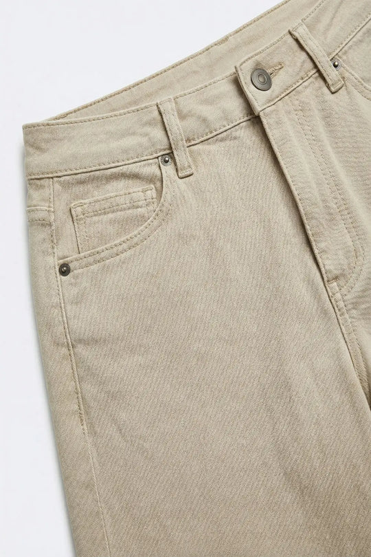Beige Wide-Leg Casual Cotton Pants with 5 pockets - Pants