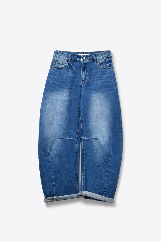 medium wash Barrel jeans with knee seam detail