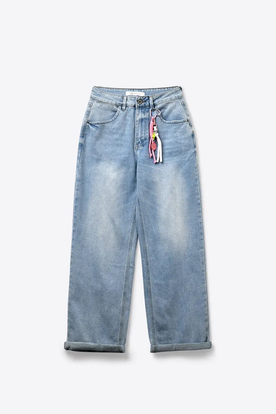 Light Blue Wide-Leg Denim Jeans mom style with Charm Detail