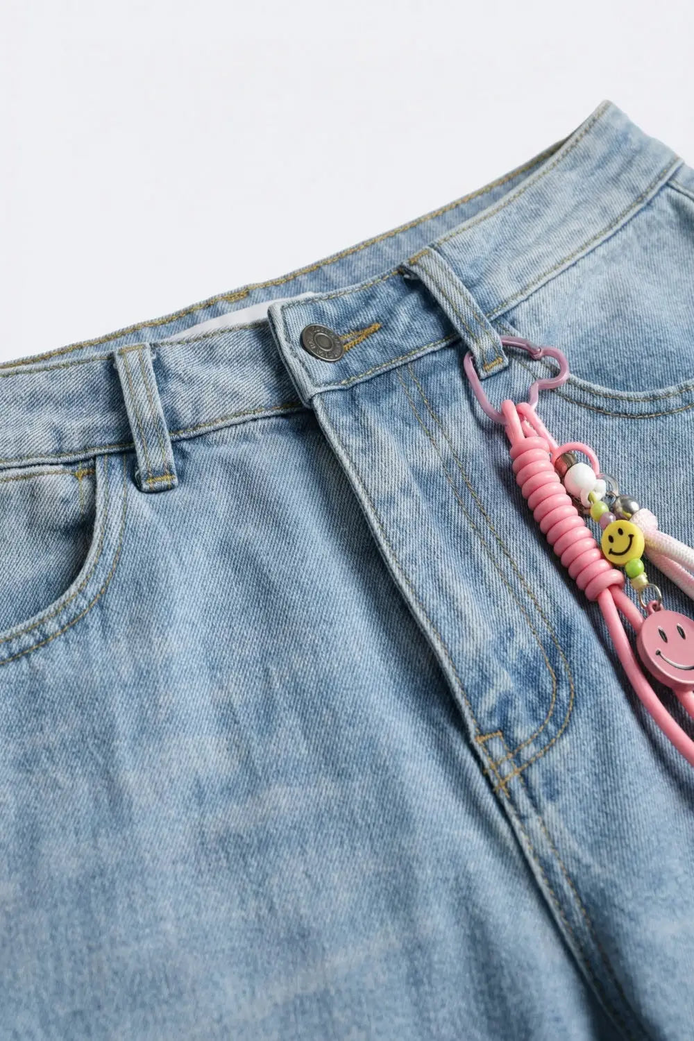 Light Blue Wide-Leg Denim Jeans mom style with Charm Detail