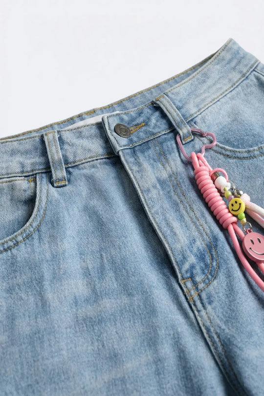 Light Blue Wide-Leg Denim Jeans mom style with Charm Detail