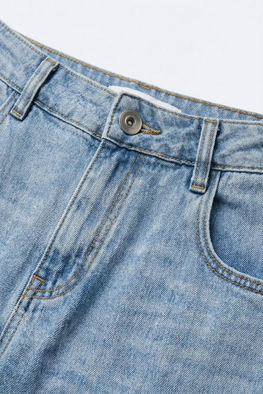Light Wash Straight Leg Stretch Jeans With Rolled Hem