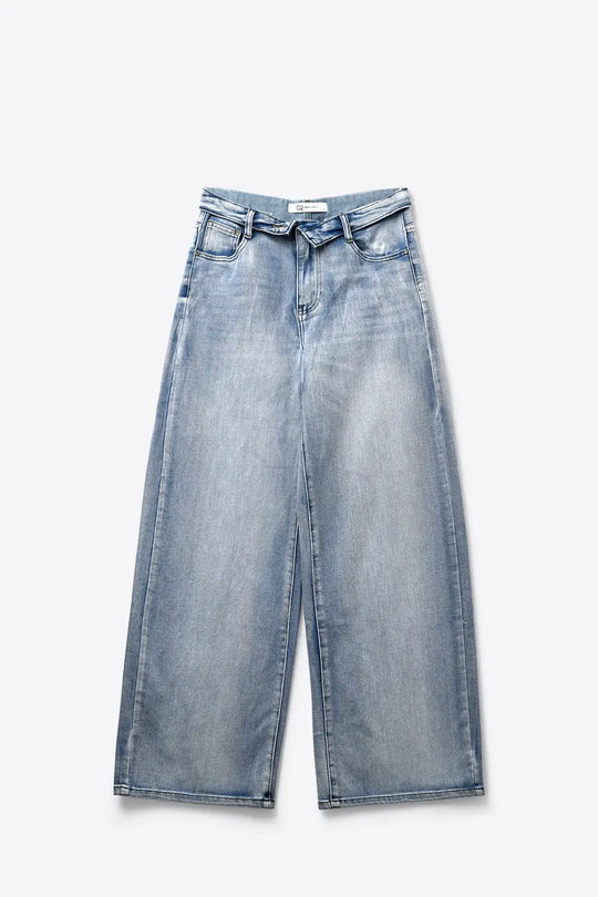 Light-Wash Wide-Leg Jeans with Turned-Down Waist Detail