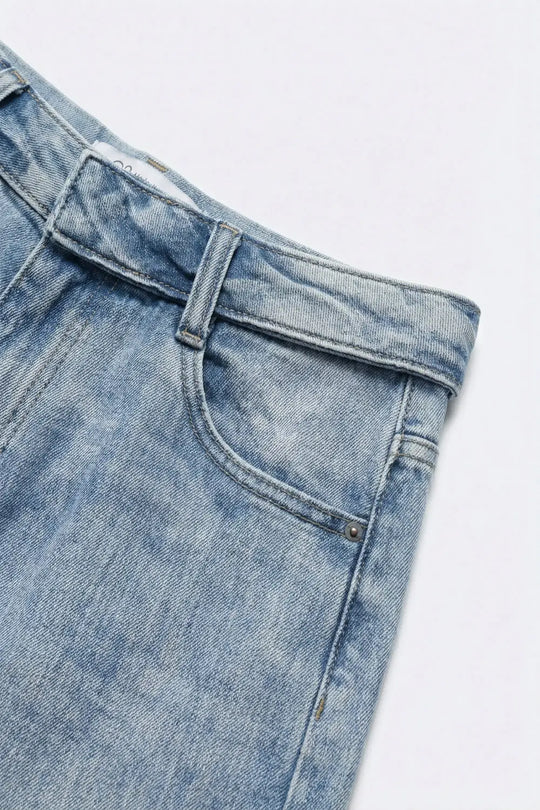 Light-Wash Wide-Leg Jeans with Turned-Down Waist Detail