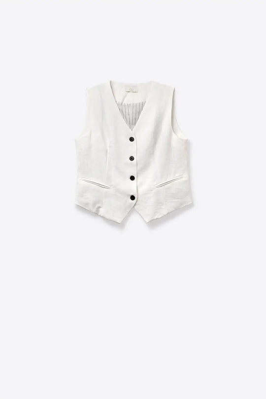 White Textured Vest with black Button-Front - Tops