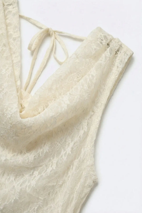 Cream Lace Sleeveless Cowl Neck Tank Top - Tops