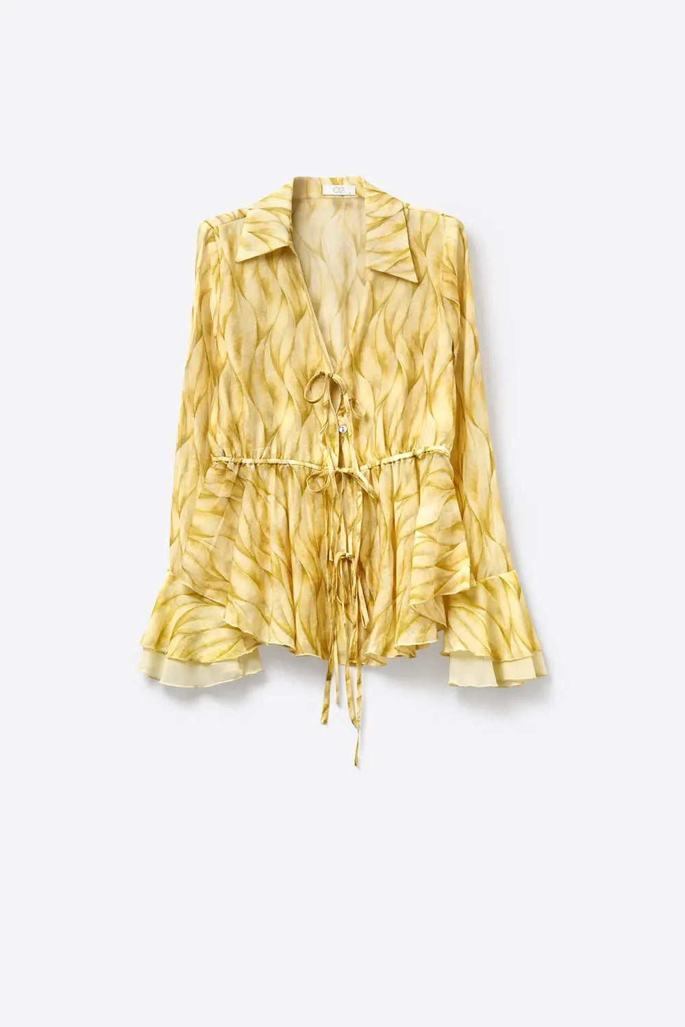 Yellow Sheer Printed Tie-Waist Blouse with Ruffled Hem - Tops
