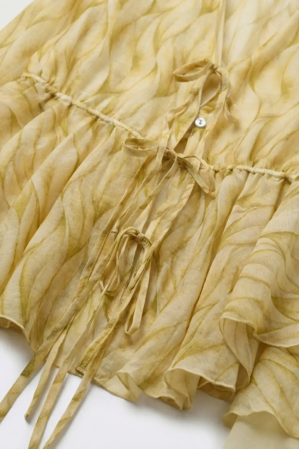 Yellow Sheer Printed Tie-Waist Blouse with Ruffled Hem - Tops