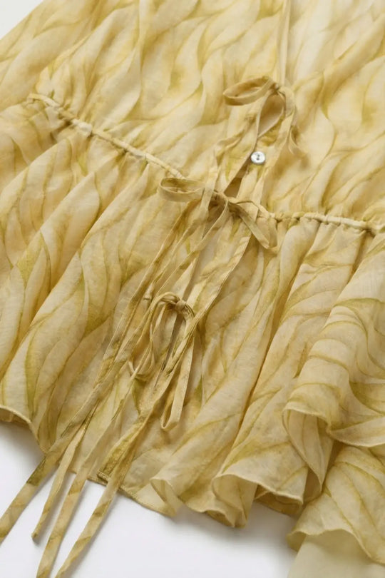 Yellow Sheer Printed Tie-Waist Blouse with Ruffled Hem - Tops