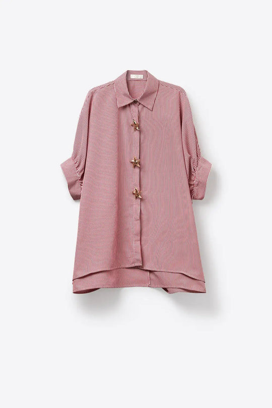 Pink Oversized Striped Poplin Shirt with Starfish Buttons - Shirts