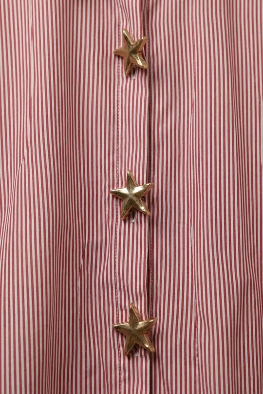 Pink Oversized Striped Poplin Shirt with Starfish Buttons - Shirts