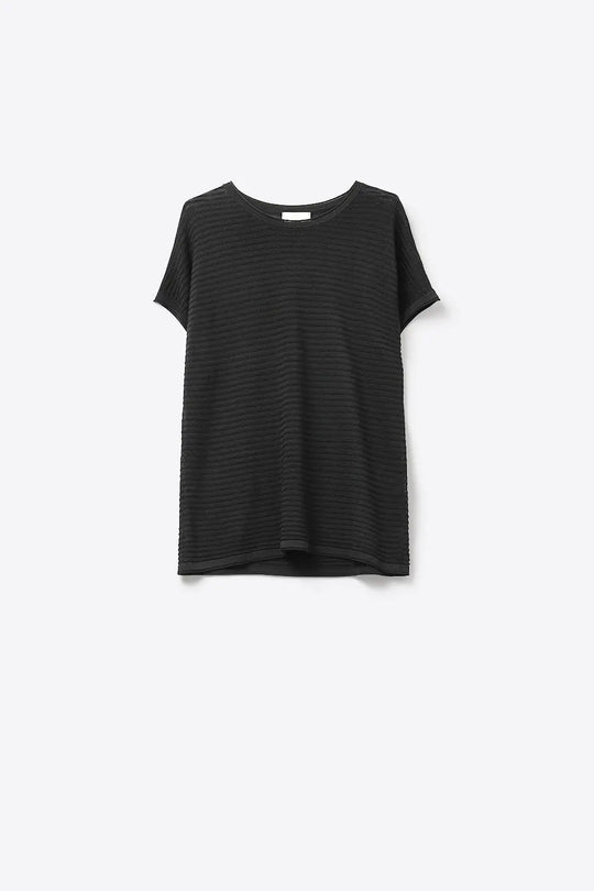 Black Textured Ribbed Knit Short Sleeve sweater - BLACK / ONE - Sweaters