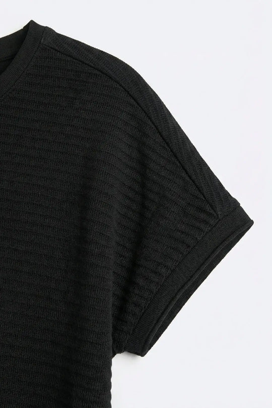 Black Textured Ribbed Knit Short Sleeve sweater - BLACK / ONE - Sweaters