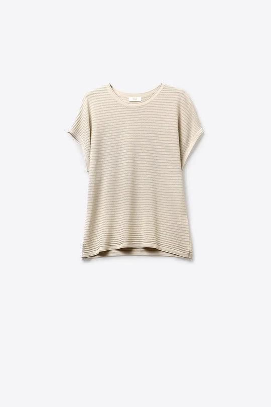 Beige Ribbed open Knit Relaxed Fit Short Sleeve sweater - BEIGE / ONE - Sweaters