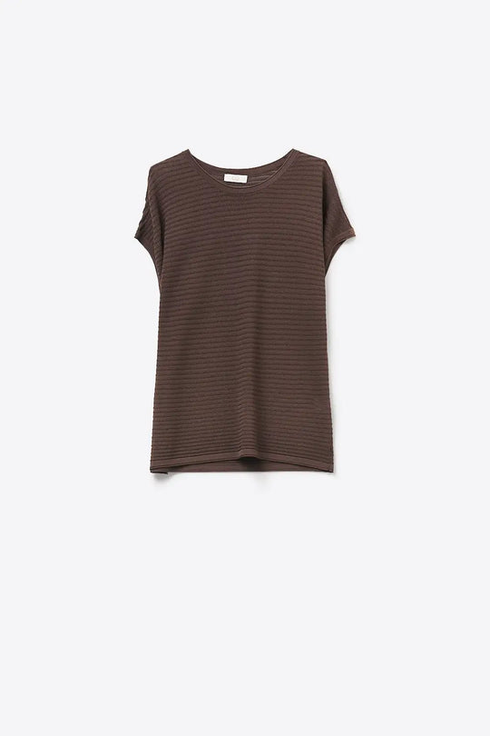 Brown Ribbed Knit Short Sleeve Relaxed sweater - BROWN / ONE - Sweaters