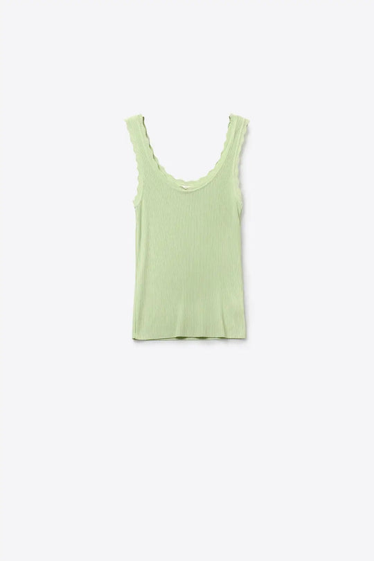 Light Green Ribbed Knit Tank with Scalloped Edges - GREEN / ONE - Tops