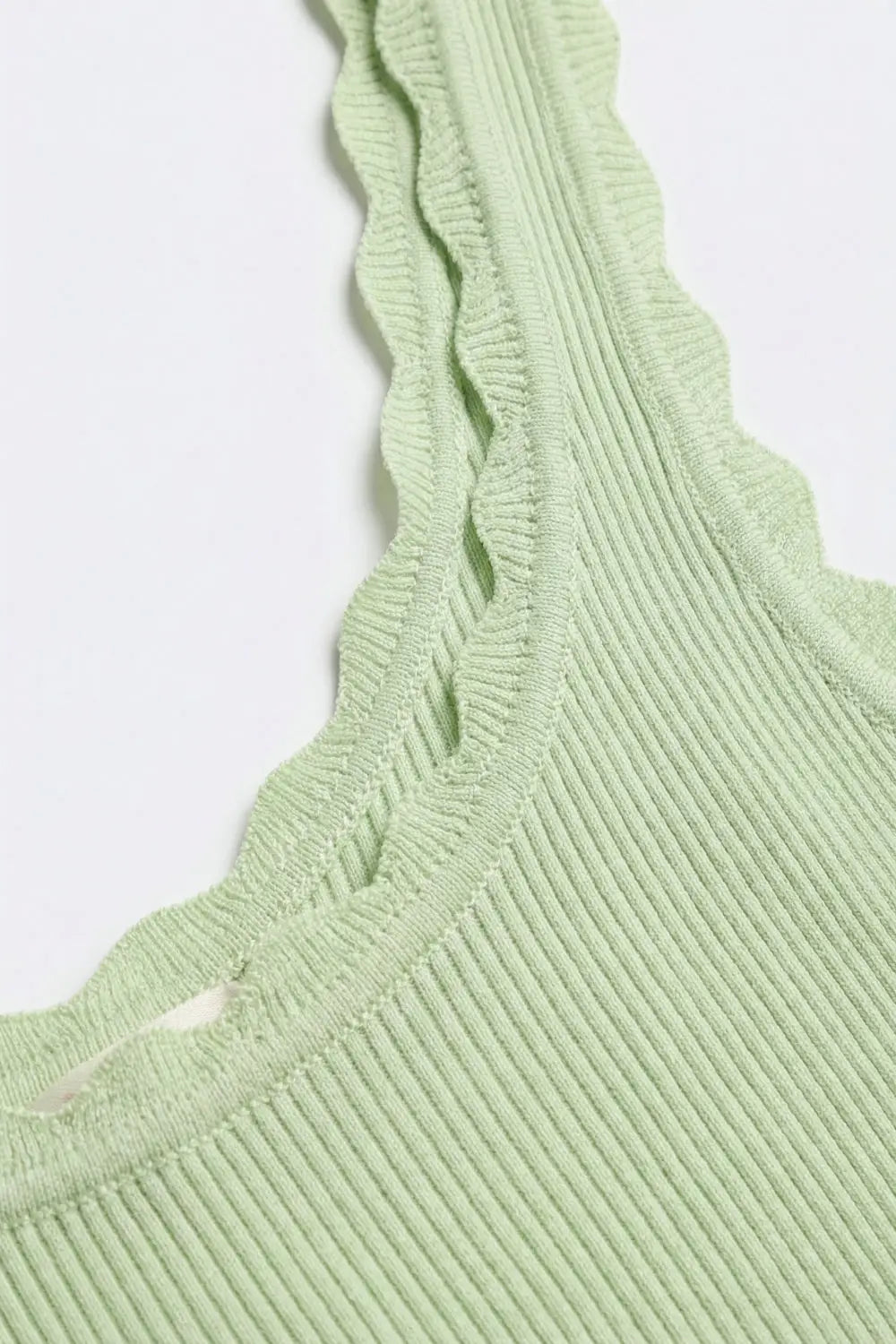 Light Green Ribbed Knit Tank with Scalloped Edges - GREEN / ONE - Tops
