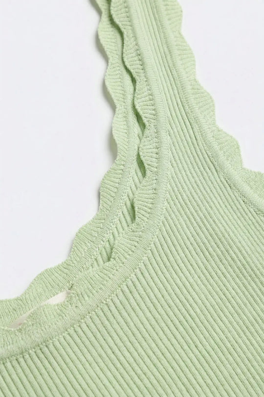 Light Green Ribbed Knit Tank with Scalloped Edges - GREEN / ONE - Tops