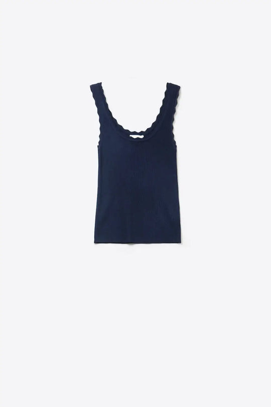 Navy Ribbed Knit Tank with Scalloped Neckline - NAVY / ONE - Tops