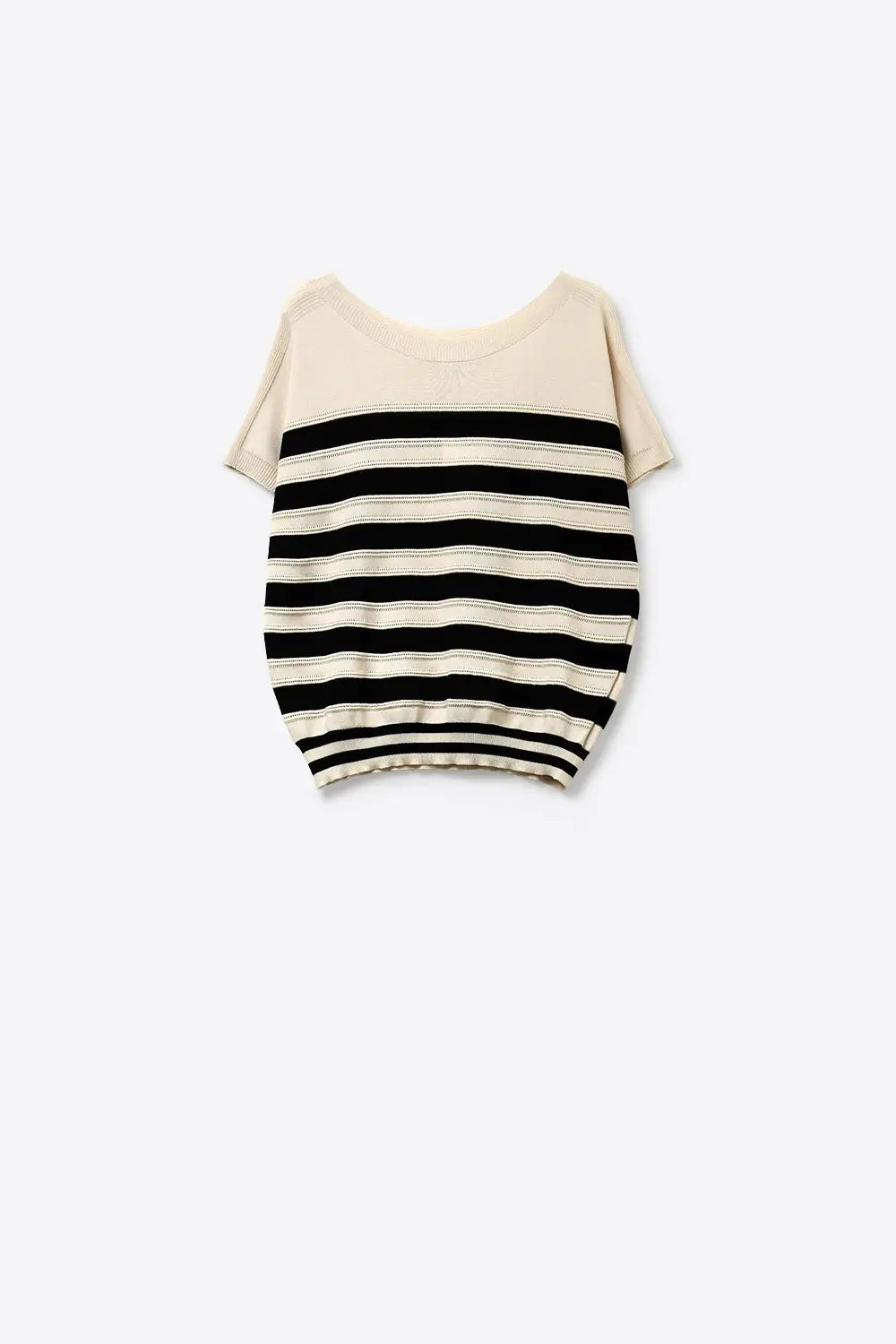 beige and Black Striped Short Sleeve Knit sweater - BEIGE / ONE - Sweaters