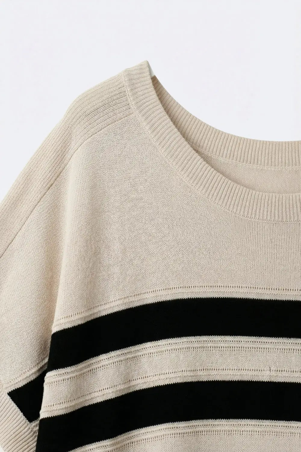 beige and Black Striped Short Sleeve Knit sweater - BEIGE / ONE - Sweaters