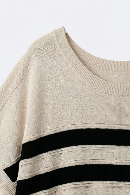 beige and Black Striped Short Sleeve Knit sweater - BEIGE / ONE - Sweaters