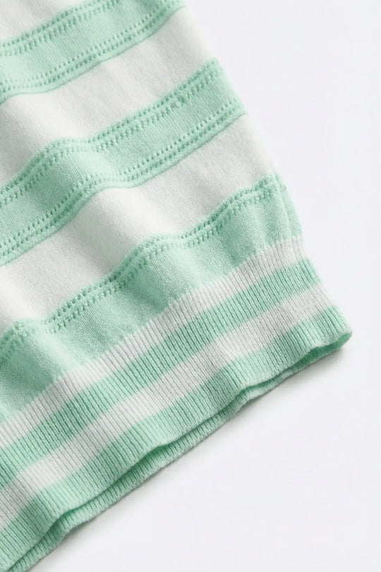 Mint Green Striped Knit Short Sleeve Sweater - GREEN / ONE - Sweaters