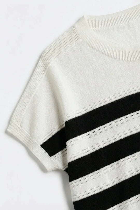 White and Black Striped Knit sweater in boat neckline - WHITE / ONE - Sweaters