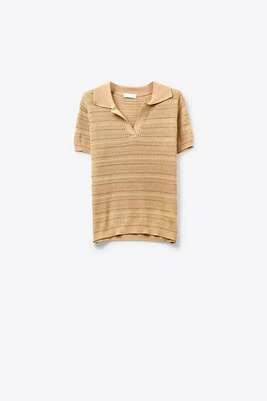 Camel Textured Knit Polo with V-Neck Collar - Sweaters