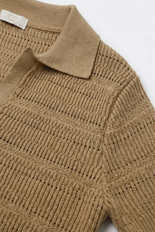 Camel Textured Knit Polo with V-Neck Collar - Sweaters