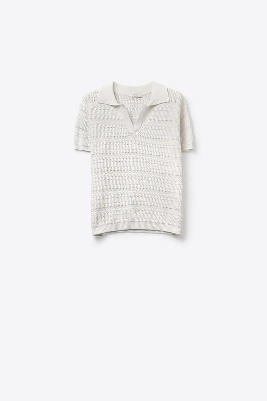 White polo shirt with short sleeves and open knit pattern - Sweaters
